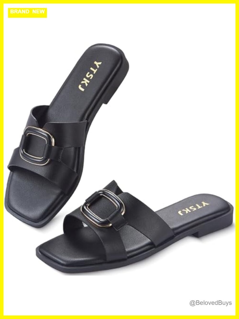 Women's Square Open Toe Slip On Flat Sandals with Metal Chains PU Leather